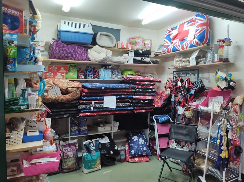 The shop floor at the Nantwich Pet Centre, shelves of bedding, beds, collars and accessories